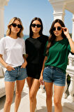 Kadın 3'lü Paket Yeşil-Beyaz-Siyah %100 Pamuk Oversize Basic Tişört Bisiklet Yaka Relaxed T-Shirt