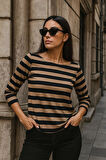 Kadın Çizgili Basic Bluz - Siyah-Kahverengi 3/4 Kol - Günlük Rahat Şık Kombin - Yeni Sezon Trend