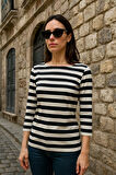 Kadın Çizgili Basic Bluz - Siyah-Beyaz 3/4 Kol - Günlük Rahat Şık Kombin - Yeni Sezon Trend