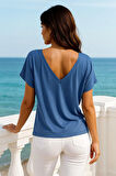 Kadın Indigo Viskon Ön Arka V Yakalı T-shirt Yarasa Kol Relaxed Bluz