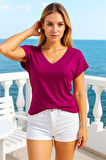 Kadın Fuşya Viskon Ön Arka V Yakalı T-shirt Yarasa Kol Relaxed Bluz