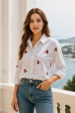 Kadın Kiraz Desenli Beyaz Pamuk  Gömlek