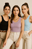Kadın 3'lü Paket Siyah-Açık Mavi-Lila Sıfır Kol Kaşkorse Body-Bisiklet Yaka %100 Pamuk Atlet Bluz