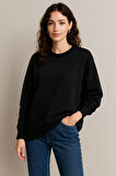 Kadın Siyah Bisiklet Yaka Oversize Sweatshirt