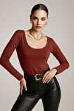 Kadın Bordo U Yaka Uzun Kollu Bluz