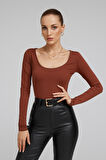 Kadın Bordo U Yaka Uzun Kollu Bluz