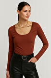 Kadın Bordo U Yaka Uzun Kollu Bluz