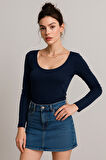 Kadın Lacivert U Yaka Uzun Kollu Bluz
