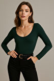 Kadın Koyu Yeşil U Yaka Uzun Kollu Bluz