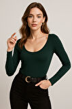 Kadın Koyu Yeşil U Yaka Uzun Kollu Bluz