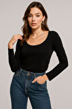 Kadın Siyah U Yaka Uzun Kollu Bluz