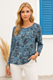 Kadın Koyu Mavi Desenli Bisiklet Yaka Uzun Kollu Bluz