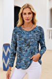Kadın Koyu Mavi Desenli Bisiklet Yaka Uzun Kollu Bluz