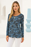 Kadın Koyu Mavi Desenli Bisiklet Yaka Uzun Kollu Bluz