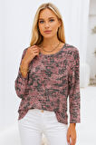 Kadın Gül Kurusu Desenli Bisiklet Yaka Uzun Kollu Bluz