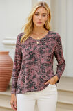 Kadın Gül Kurusu Desenli Bisiklet Yaka Uzun Kollu Bluz