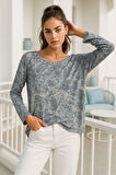 Kadın Füme Desenli Bisiklet Yaka Uzun Kollu Bluz