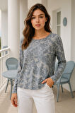 Kadın Füme Desenli Bisiklet Yaka Uzun Kollu Bluz
