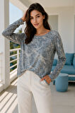 Kadın Füme Desenli Bisiklet Yaka Uzun Kollu Bluz