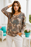 Kadın Açık Kahva Desenli Bisiklet Yaka Uzun Kollu Bluz