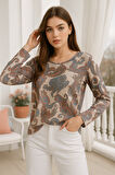 Kadın Açık Kahva Desenli Bisiklet Yaka Uzun Kollu Bluz