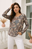 Kadın Açık Kahva Desenli Bisiklet Yaka Uzun Kollu Bluz