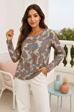 Kadın Açık Kahva Desenli Bisiklet Yaka Uzun Kollu Bluz