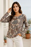 Kadın Açık Kahva Desenli Bisiklet Yaka Uzun Kollu Bluz