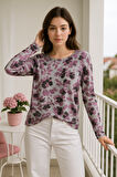 Kadın Mor Desenli Bisiklet Yaka Uzun Kollu Bluz