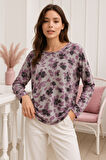 Kadın Mor Desenli Bisiklet Yaka Uzun Kollu Bluz