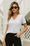 Kadın Beyaz Viskon V Yaka Basic Kısa Kollu Tişört