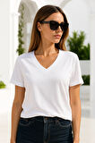Kadın Beyaz Viskon V Yaka Basic Kısa Kollu Tişört