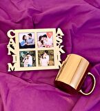 Canım Aşkım 4 Fotoğraf Standlı Mdf Gold Çerçeve Ve Gold Kupa Set