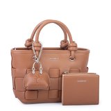 Nas Bag Mini Premium Şık Örgü Detaylı Kadın 2 li Set ve Charmlı ve Cüzdanlı  El ve Çapraz Çanta Taba