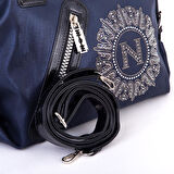 Nas Bag Kadın Taşlı Fermuarlı Şık Omuz Çantası ve Ayarlanabilir Askılı Lacivert  Simli(33x30x12 cm)