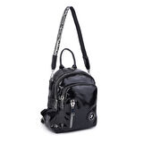 Nas Bag Kadın Dönüştürülebilir Sırt ve Omuz Çantası Şık Geniş Fermuarlı Çanta (24x31x14 cm) Siyah Krsk Rugan