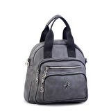 Nas Bag Kadın Çok Gözlü Dönüştürülebilir El Omuz ve Sırt Çantası Gri Siyah  King ( en : 28 cm; boy :25c m)