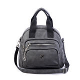 Nas Bag Kadın Çok Gözlü Dönüştürülebilir El Omuz ve Sırt Çantası Gri Siyah  King ( en : 28 cm; boy :25c m)
