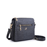 Nas Bag Kadın Çapraz Çanta Kalın Ayarlanabilir Askılı Çanta Siyah Yazılı (En: 26 cm,  Boy: 22 cm )