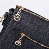 Nas Bag Kadın Çapraz Çanta Kalın Ayarlanabilir Askılı Çanta Siyah Yazılı (En: 26 cm,  Boy: 22 cm )