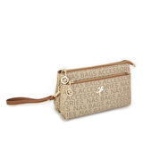 Nas Bag Kadın Çapraz ve Clutch Çanta Bilek ve Çapraz Askılı  Vizon Taba Yazılı   (24x15 cm) 