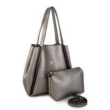 Nas Bag Kadın Büyük Boy Büzmeli Yavrulu Çıtçıtlı Tote Bag Omuz Çantası Gri 