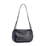 Nas Bag Mini Kadın Taşlı Zımbalı Omuz ve Çapraz Baget Çanta Siyah Victoria
