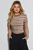 Kadın Çizgili Kısa Kol Bisiklet Yaka Camel Bluz