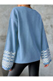 Bisiklet Yaka Salaş Kol Oversize Jakar Desenli Detaylı Bebe Mavi Triko Kazak