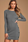 Kadın Geniş Yaka Uzun Kol Yandan Düğme Detaylı Gri Triko Elbise