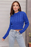 Yarım Balıkçı Yaka Saç Örgülü Kısa Crop Saks Mavisi Kazak