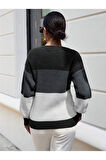 Bisiklet Yaka Renk Bloklu Uzun Kollu Kadın Triko Kazak Siyah Gri Beyaz