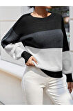 Bisiklet Yaka Renk Bloklu Uzun Kollu Kadın Triko Kazak Siyah Gri Beyaz