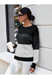 Bisiklet Yaka Renk Bloklu Uzun Kollu Kadın Triko Kazak Siyah Gri Beyaz